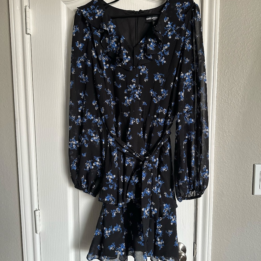 Karl Lagerfeld | Black & Blue Floral Tie Waist Dress | Dillard's